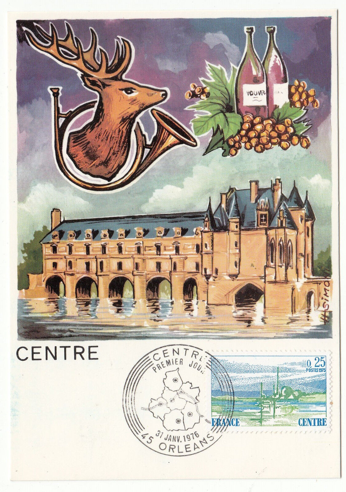 CARTE MAXIMUM FDC 1976 TIMBRE N 1863 REGION CENTRE CERF VIN 122777524377