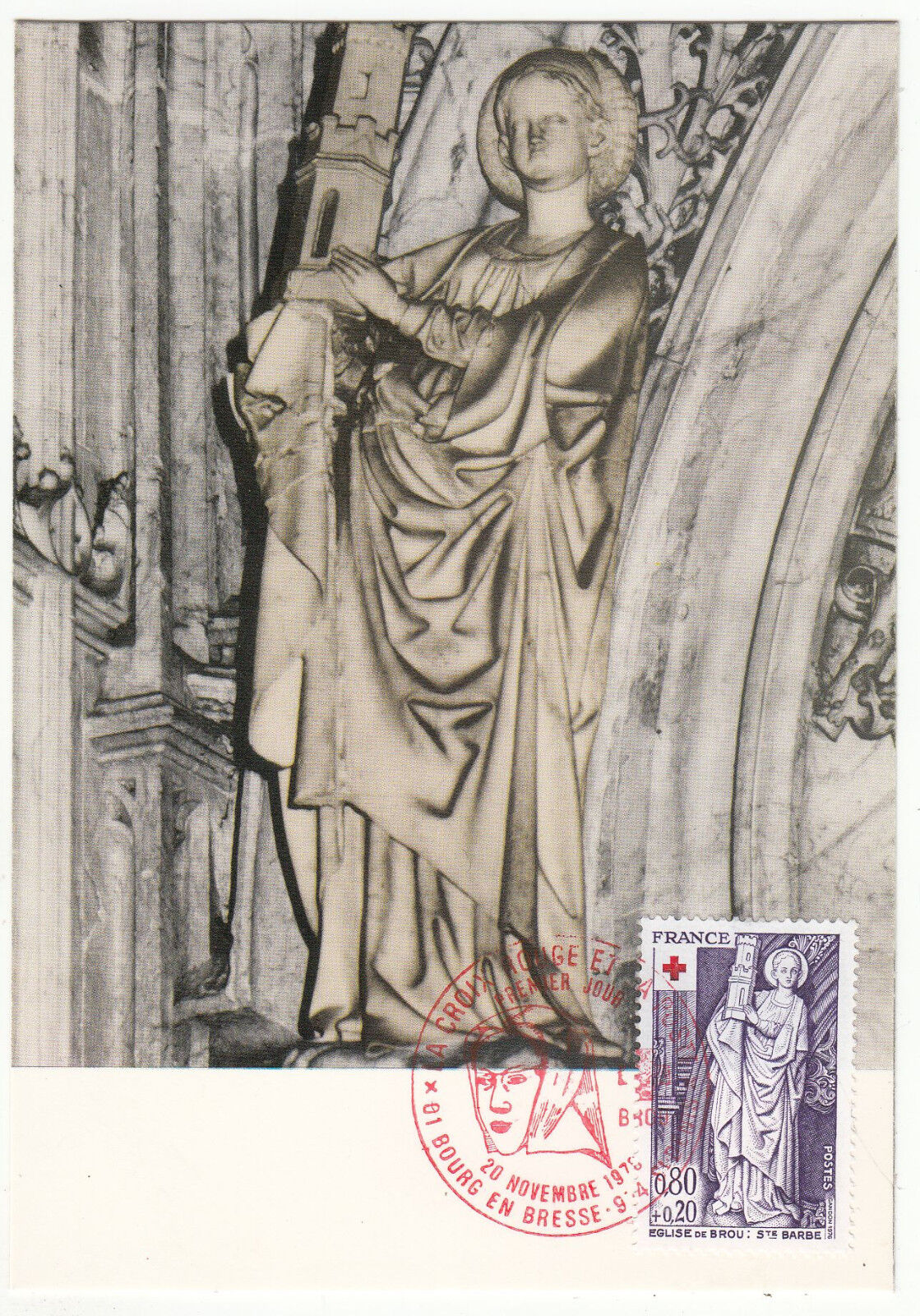 CARTE MAXIMUM FDC 1976 TIMBRE N 1910 CROIX ROUGE EGLISE DE BROU SAINTE BARBE 401424228977