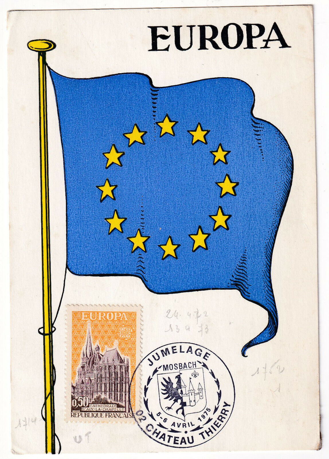 CARTE PHILATELIQUE CHATEAU THIERRY 1975 EUROPA JUMELAGE MOSBACH 124962951697