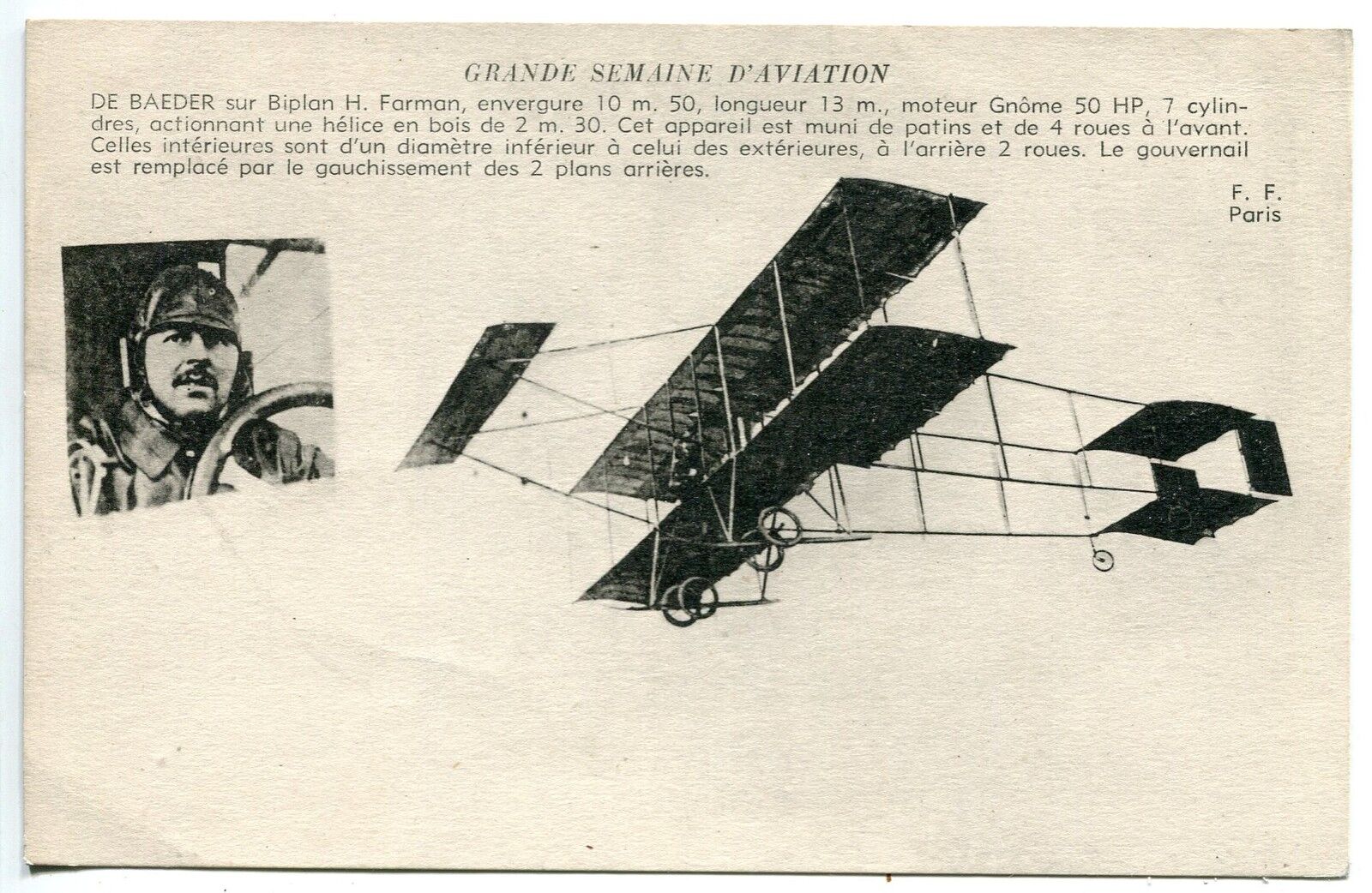 CARTE POSTALE AVIATION DE BAEDER SUR BIPLAN H FARMAN 400785012077