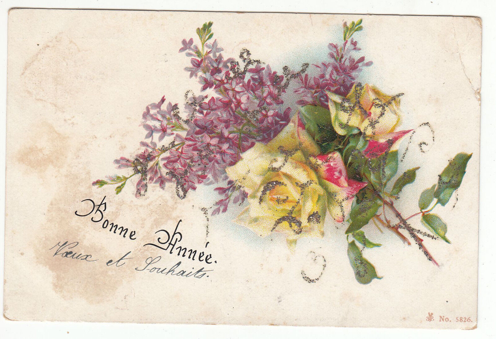 CARTE POSTALE FANTAISIE BONNE ANNEE FLEURS PAILLETTE 122742573327