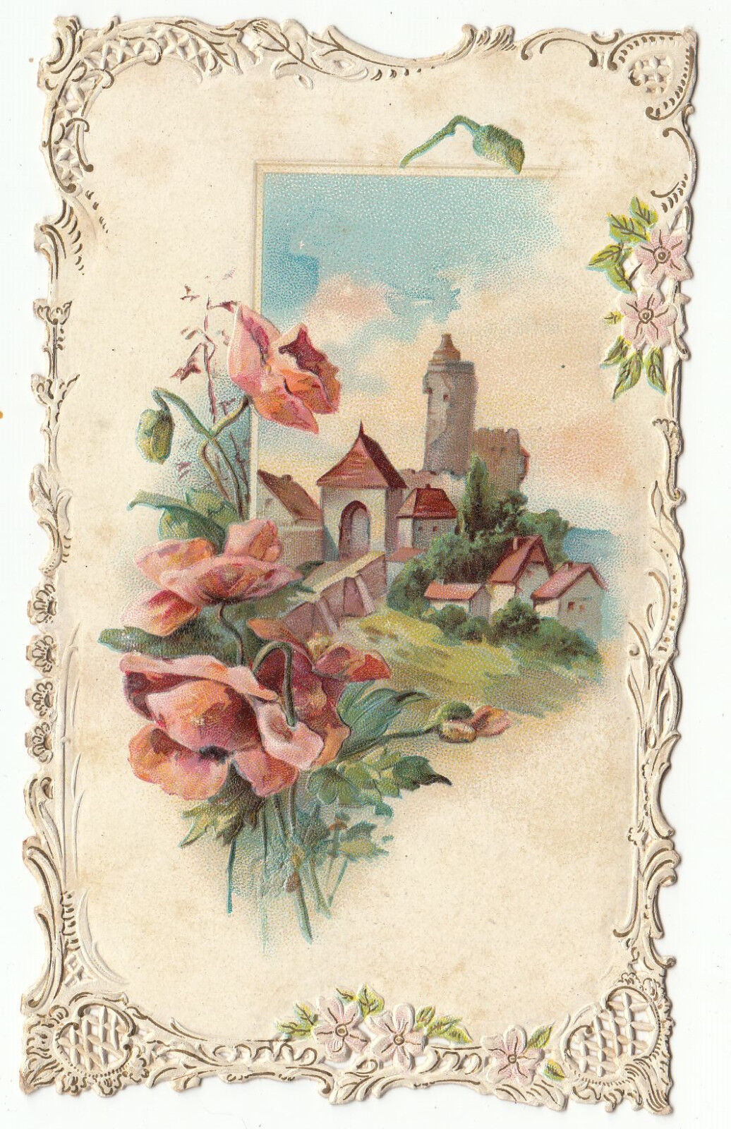 CARTE POSTALE FANTAISIE GAUFREE DENTELLE PAYSAGE VILLEGE FLEURS 122911557357