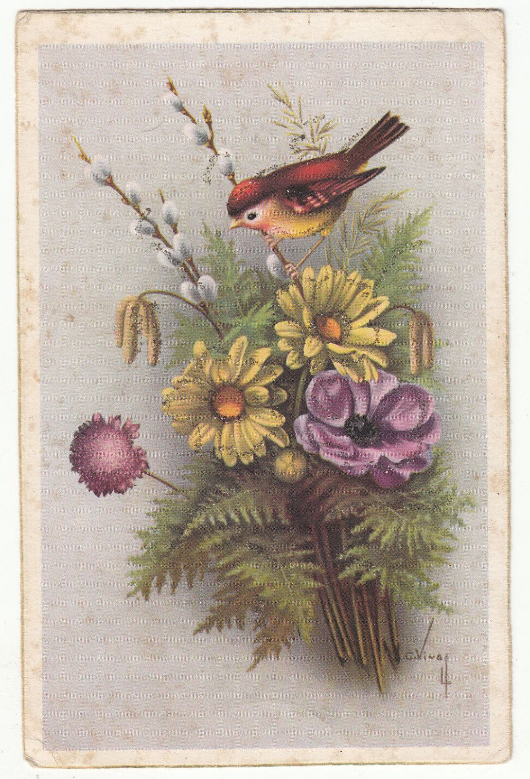 CARTE POSTALE FANTAISIE ILLUSTRATEUR OISEAUX FLEURS C VIVE 122668694167