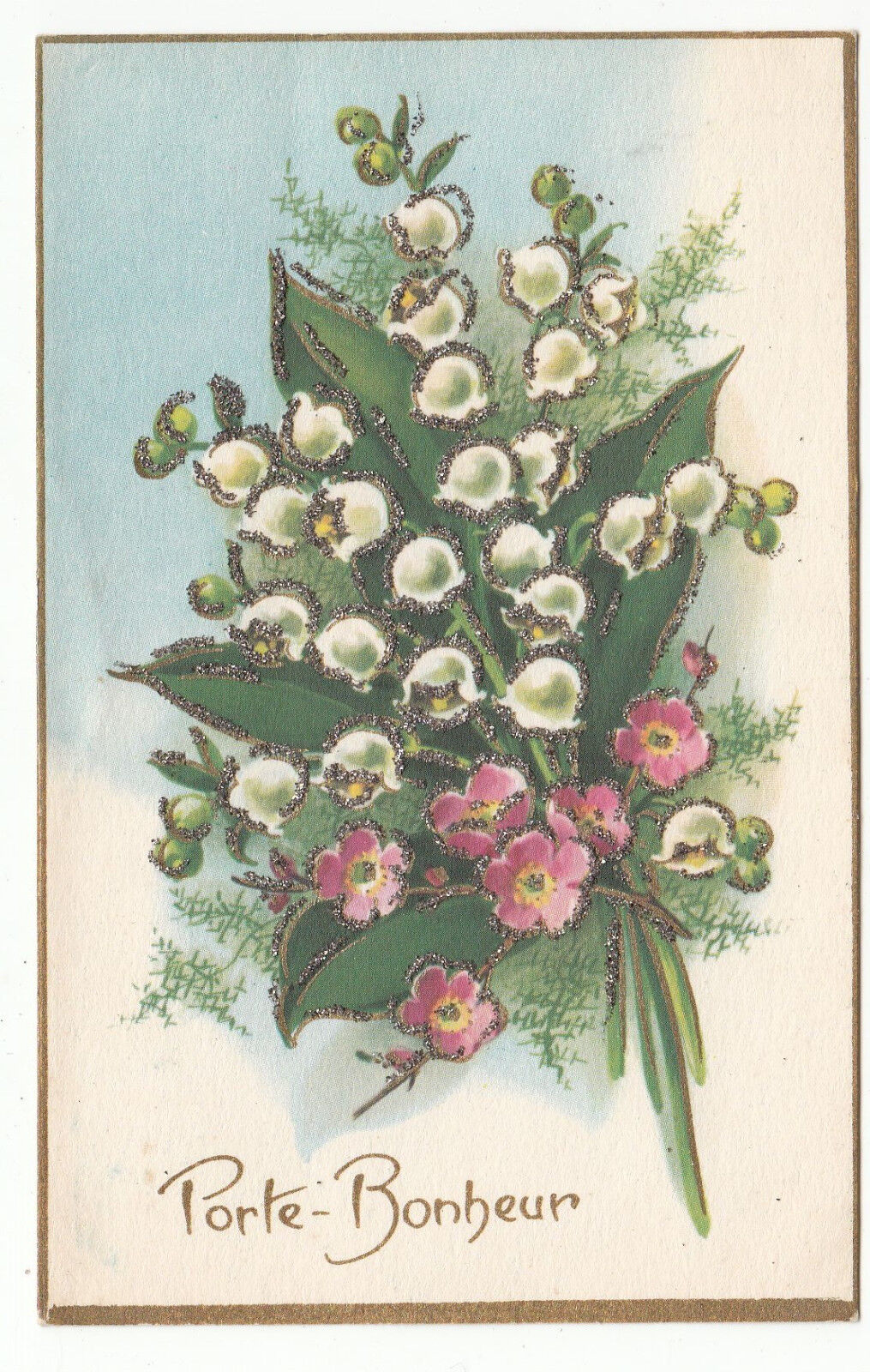 CARTE POSTALE FANTAISIE PORTE BONHEUR BOUQUET DE MUGUET PAILLETTE 401403587177