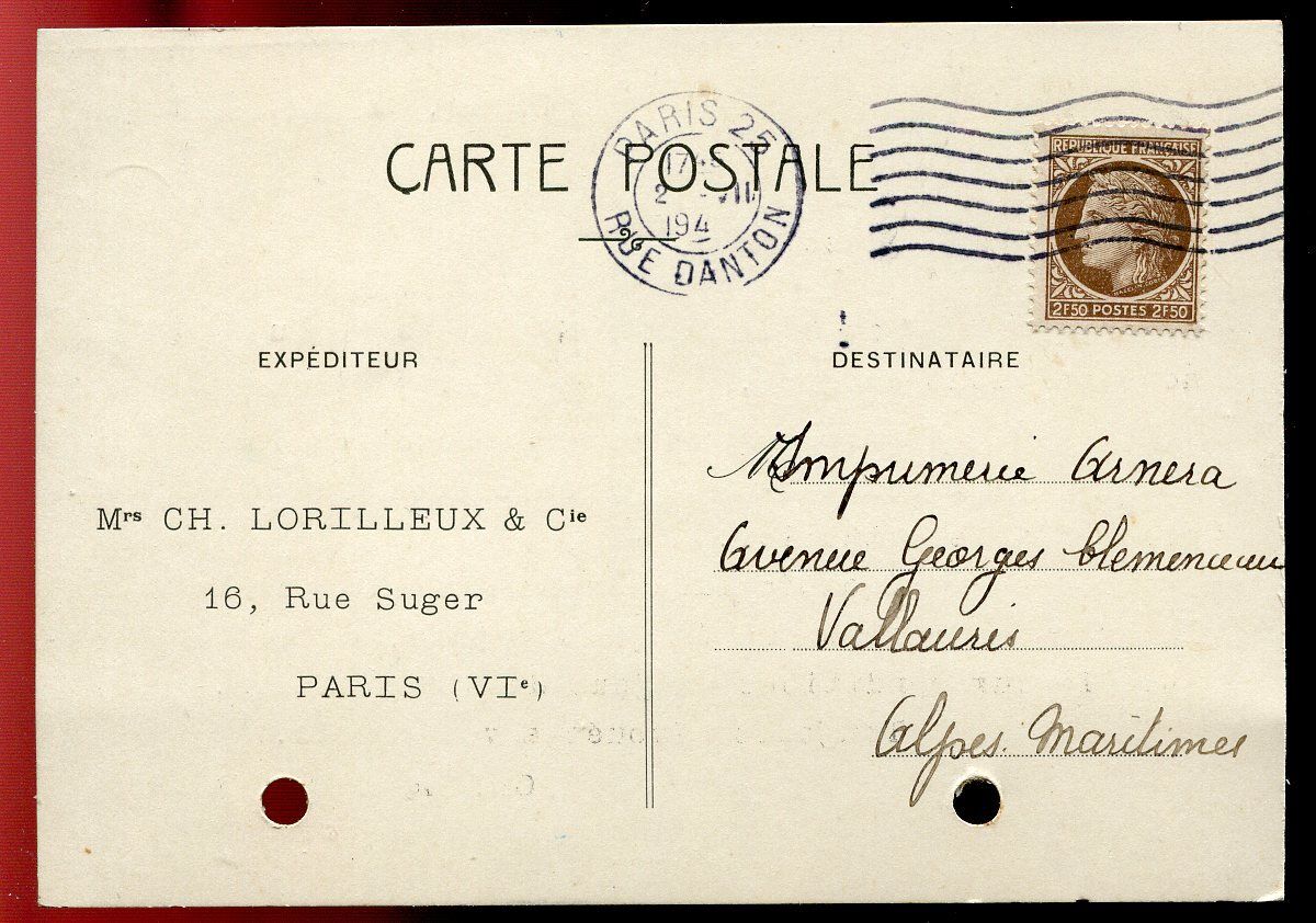 CARTE POSTALE PARIS 25 RUE D ANTON TAMPON FAUTE POUR VALLAURIS 1946 120817393517