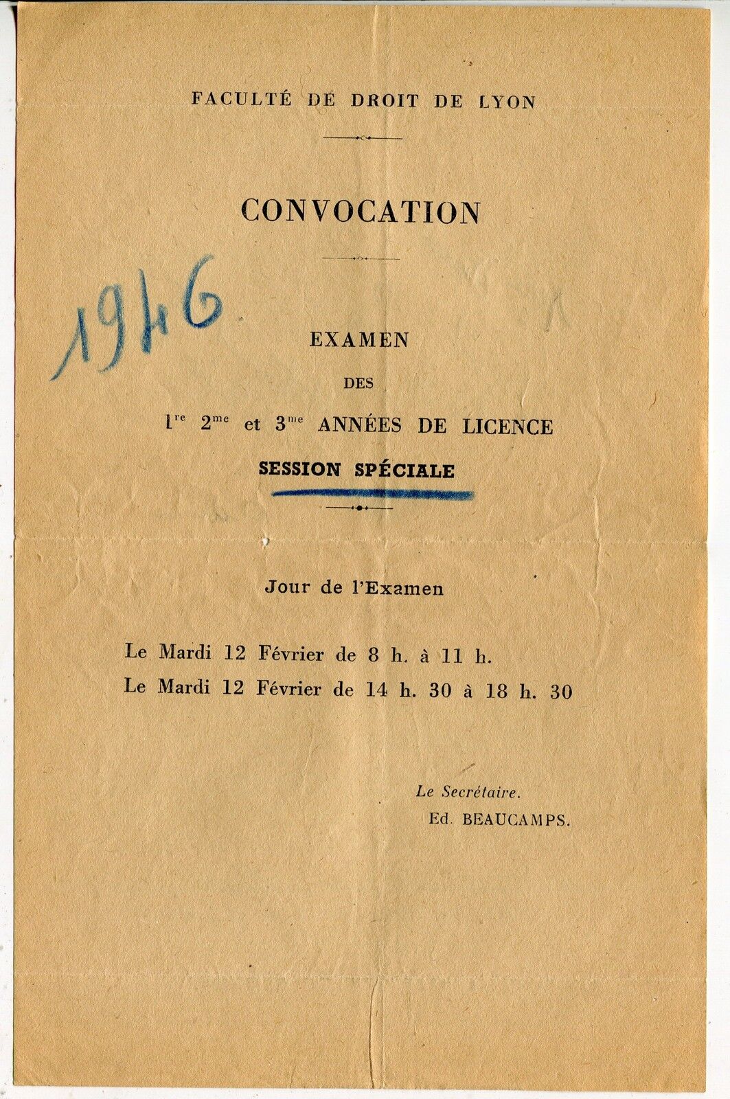 CONVOCATION FACULTE DE DROIT DE LYON EXAMEN 1946 SESSION SPECIALE 400765256137