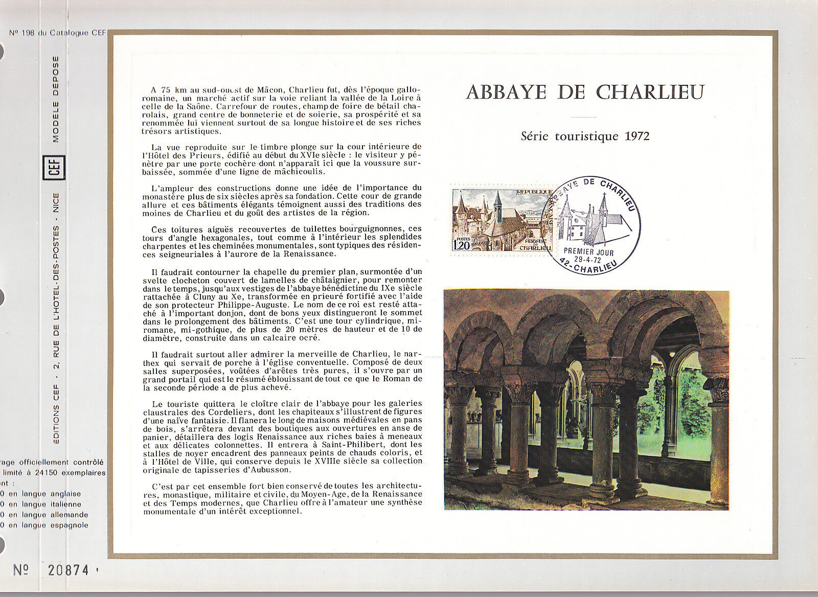 DOCUMENT CEF PREMIER JOUR 1972 ABBAYE DE CHARLIEU 121072653727