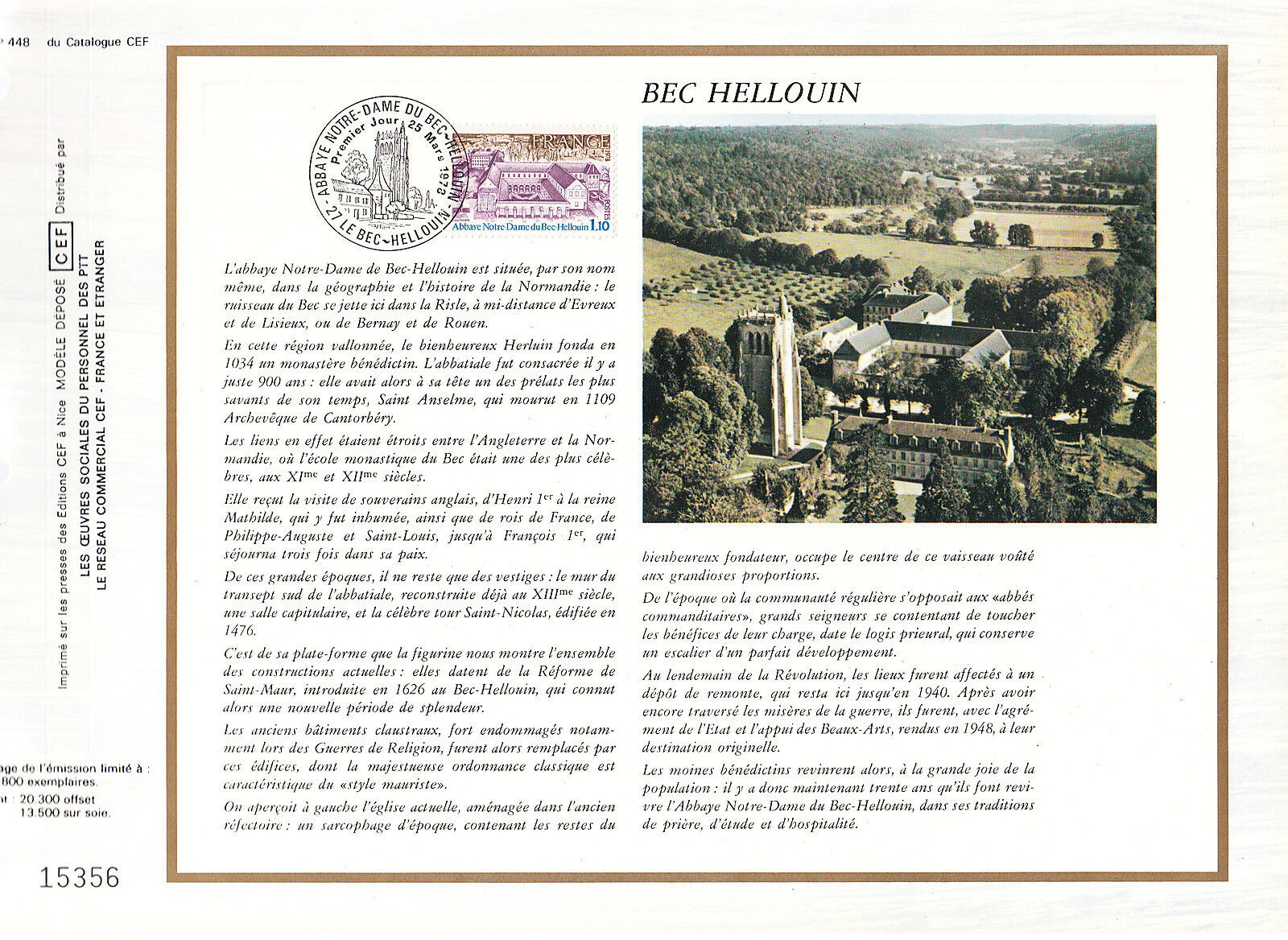 DOCUMENT CEF PREMIER JOUR 1978 ABBAYE NOTRE DAME DU BEC HELLOUIN 121074701597