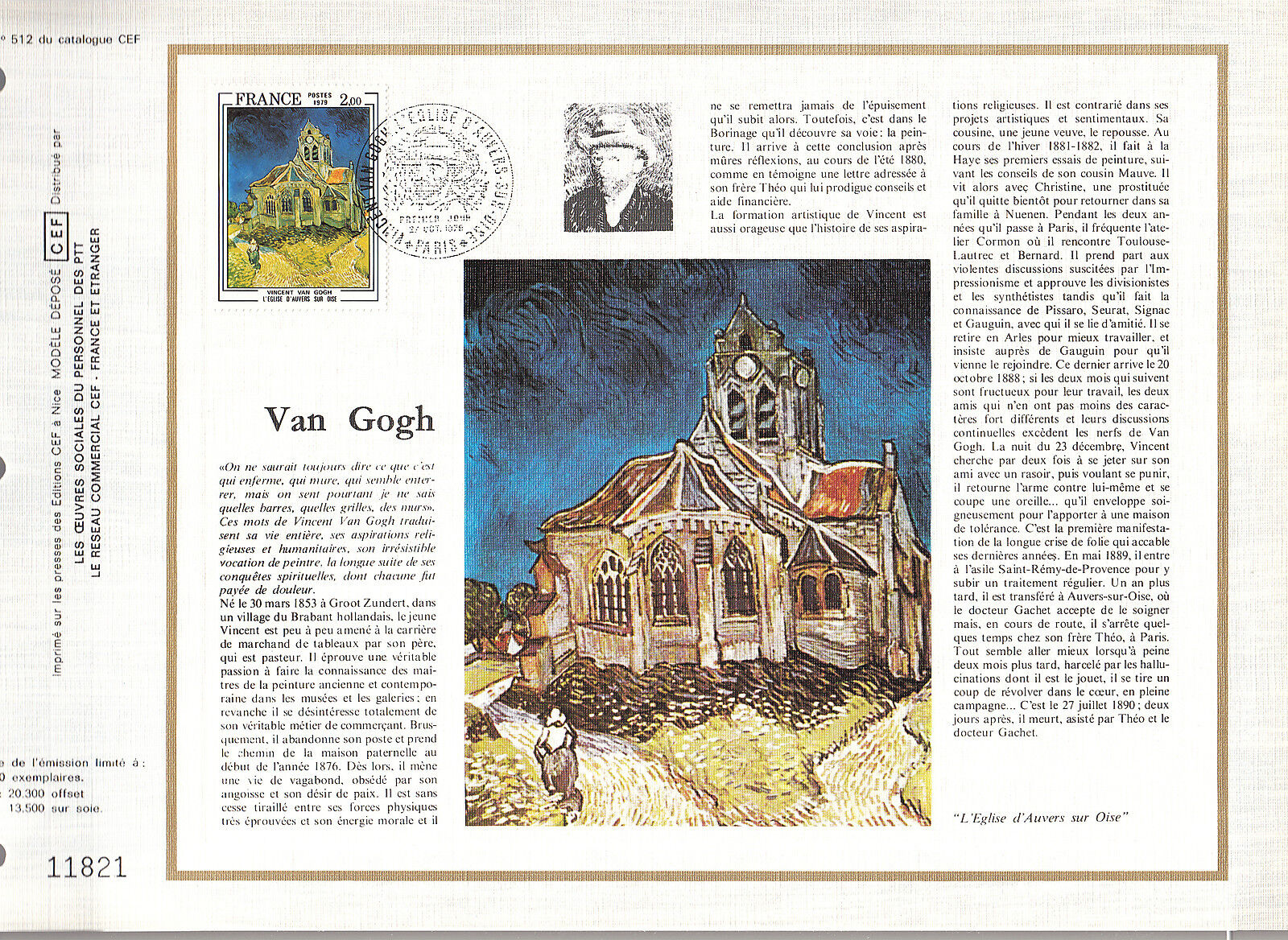 DOCUMENT CEF PREMIER JOUR 1979 EGLISE D AUVERS SUR OISE VINCENT VAN GOGH 400424815517