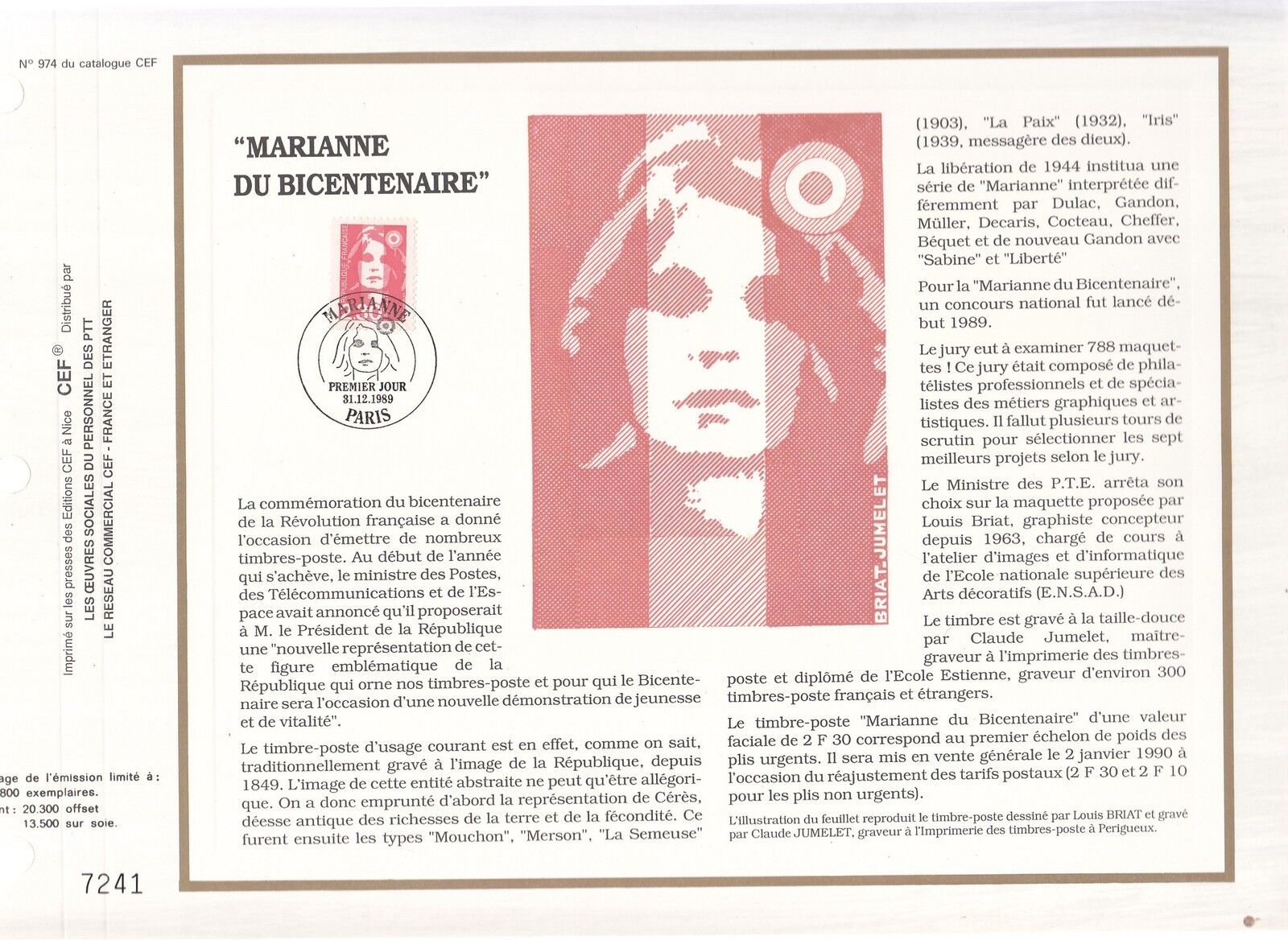 DOCUMENT CEF PREMIER JOUR 1989 MARIANNE DU BICENTENAIRE 400346112177