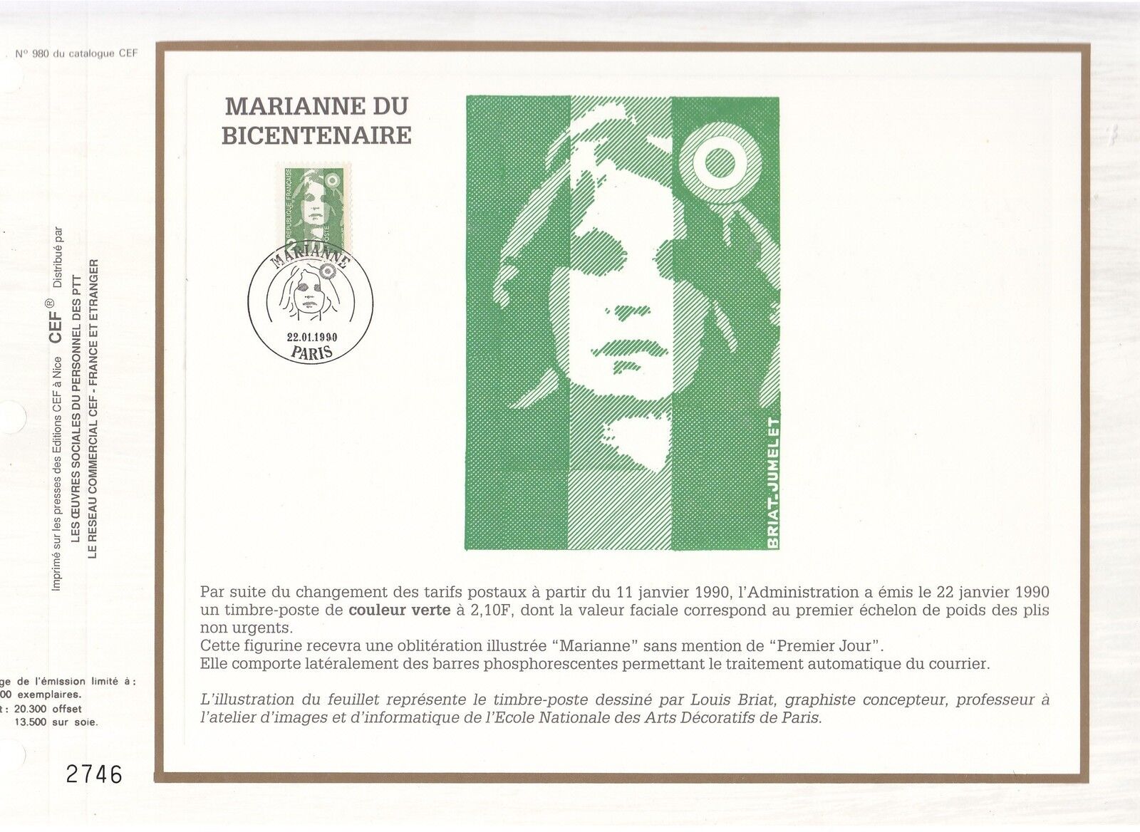 DOCUMENT CEF PREMIER JOUR 1990 MARIANNE DU BICENTENAIRE 400346112717