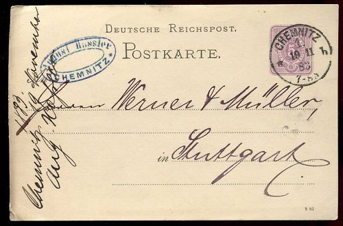 ENTIER POSTALE DEUTSCHE REICHSPOST CHEMNITZ 1883 110647766637