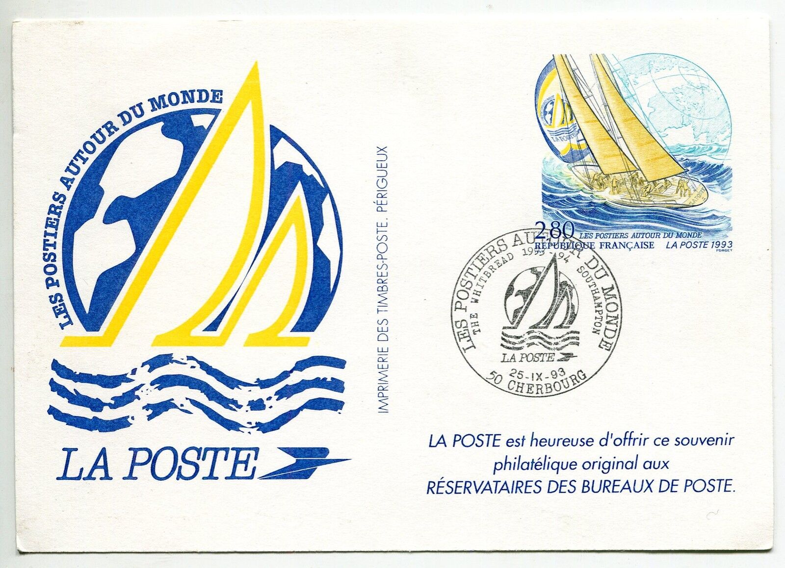 ENTIER POSTALE DU N 2831 LES POSTIERS AUTOUR DU MONDE 1993 CHERBOURG 121523383957