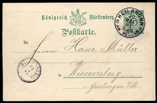 ENTIER POSTALE WURTTEMBERG HELL BRONN 1891 110648268767