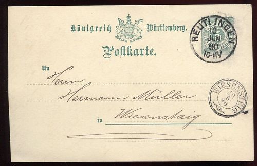 ENTIER POSTALE WURTTEMBERG REUTI INGEN 1890 110649200377