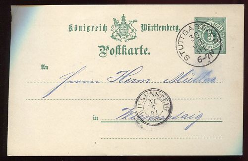 ENTIER POSTALE WURTTEMBERG STUTTGART 1891 110649200867