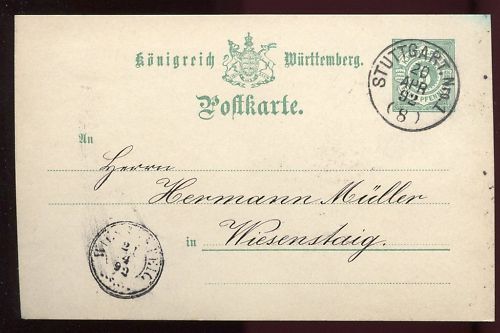 ENTIER POSTALE WURTTEMBERG STUTTGART 1892 120685006057