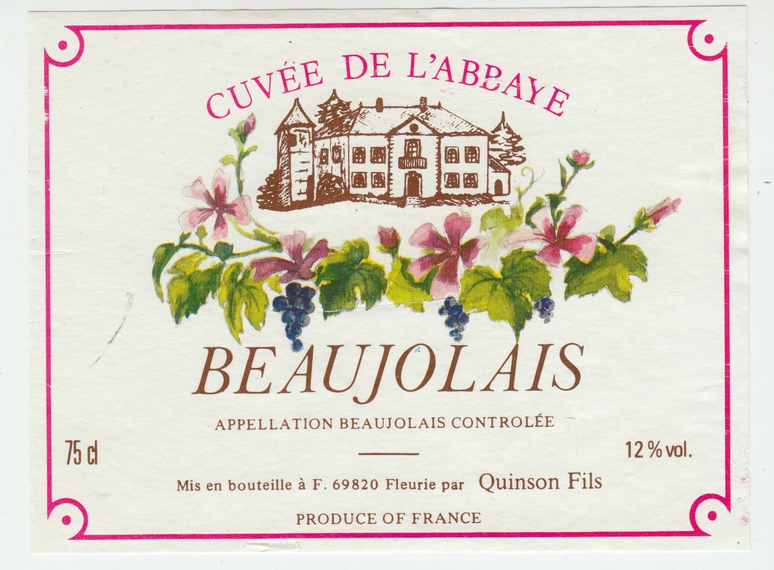 ETIQUETTE DE VIN BEAUJOLAIS CUVEE DE L ABBAYE QUINSON FILS 402695572987