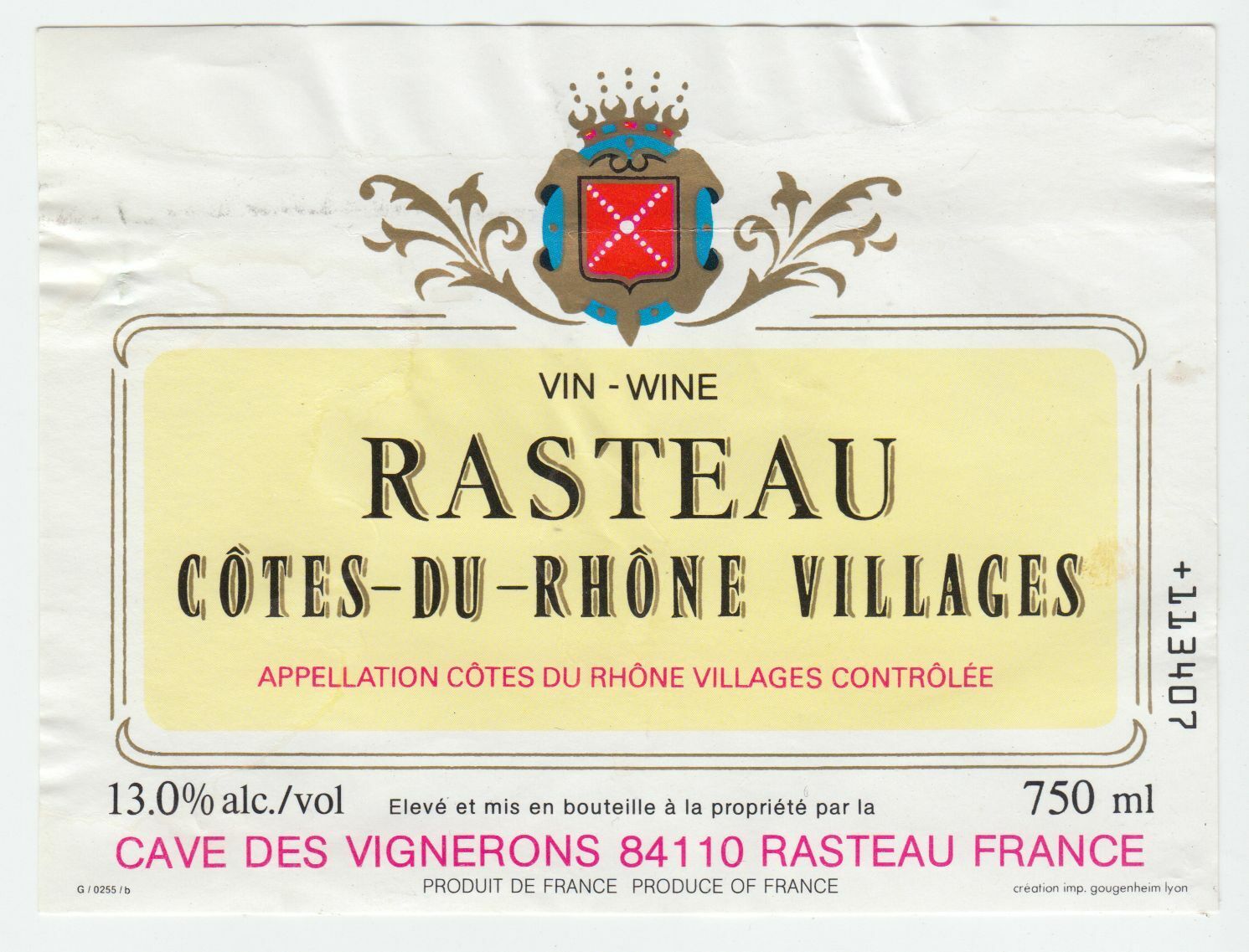 ETIQUETTE DE VIN BONS COTES DU RHONE VILLAGES RASTEAU 402581825527