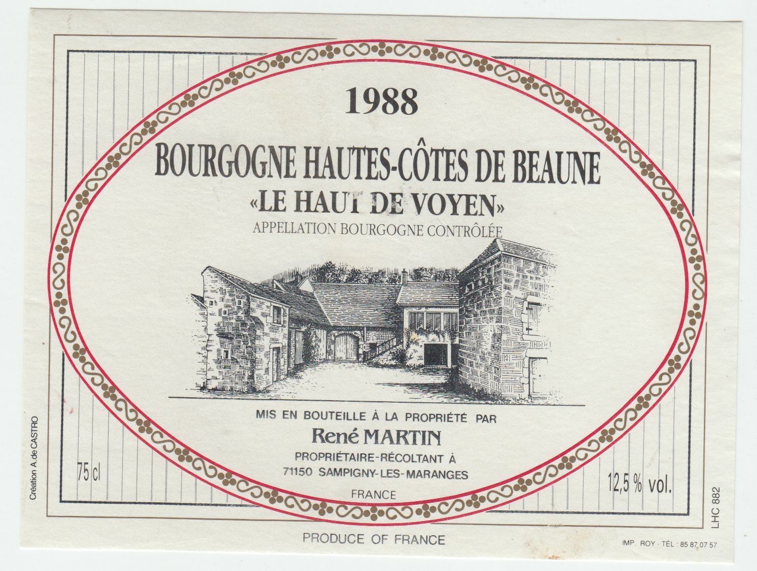 ETIQUETTE DE VIN BOURGOGNE HAUTES COTES DE BEAUNE 1988 RENE MARTIN 124555697047