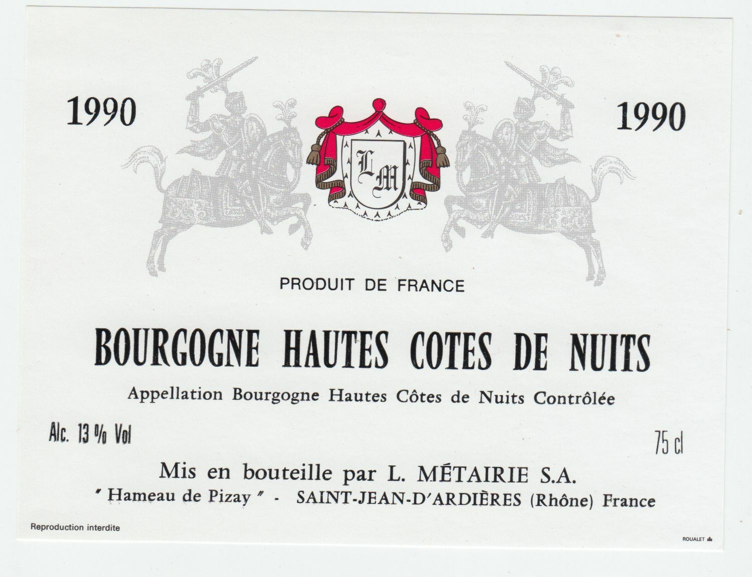 ETIQUETTE DE VIN BOURGOGNE HAUTES COTES DE NUITS 1990 L METAIRIE 402673357277