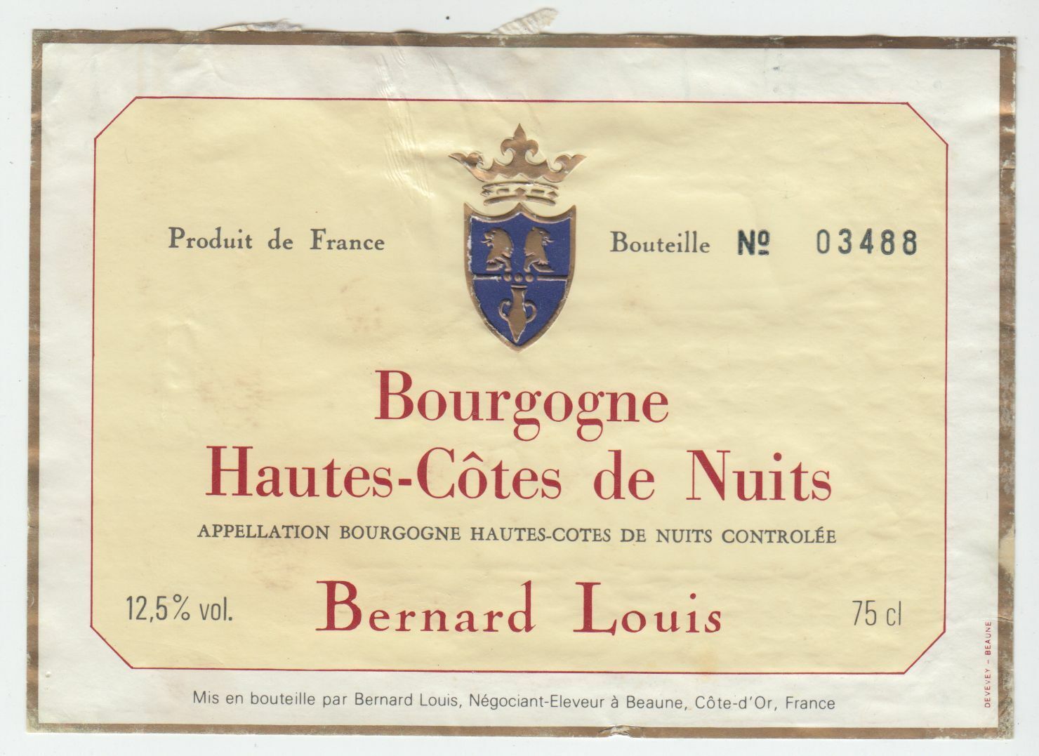 ETIQUETTE DE VIN BOURGOGNE HAUTES COTES DE NUITS BERNARD LOUIS 402673357267