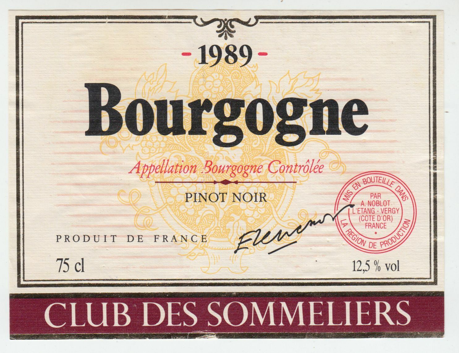 ETIQUETTE DE VIN BOURGOGNE PINOT NOIR 1989 124555697087