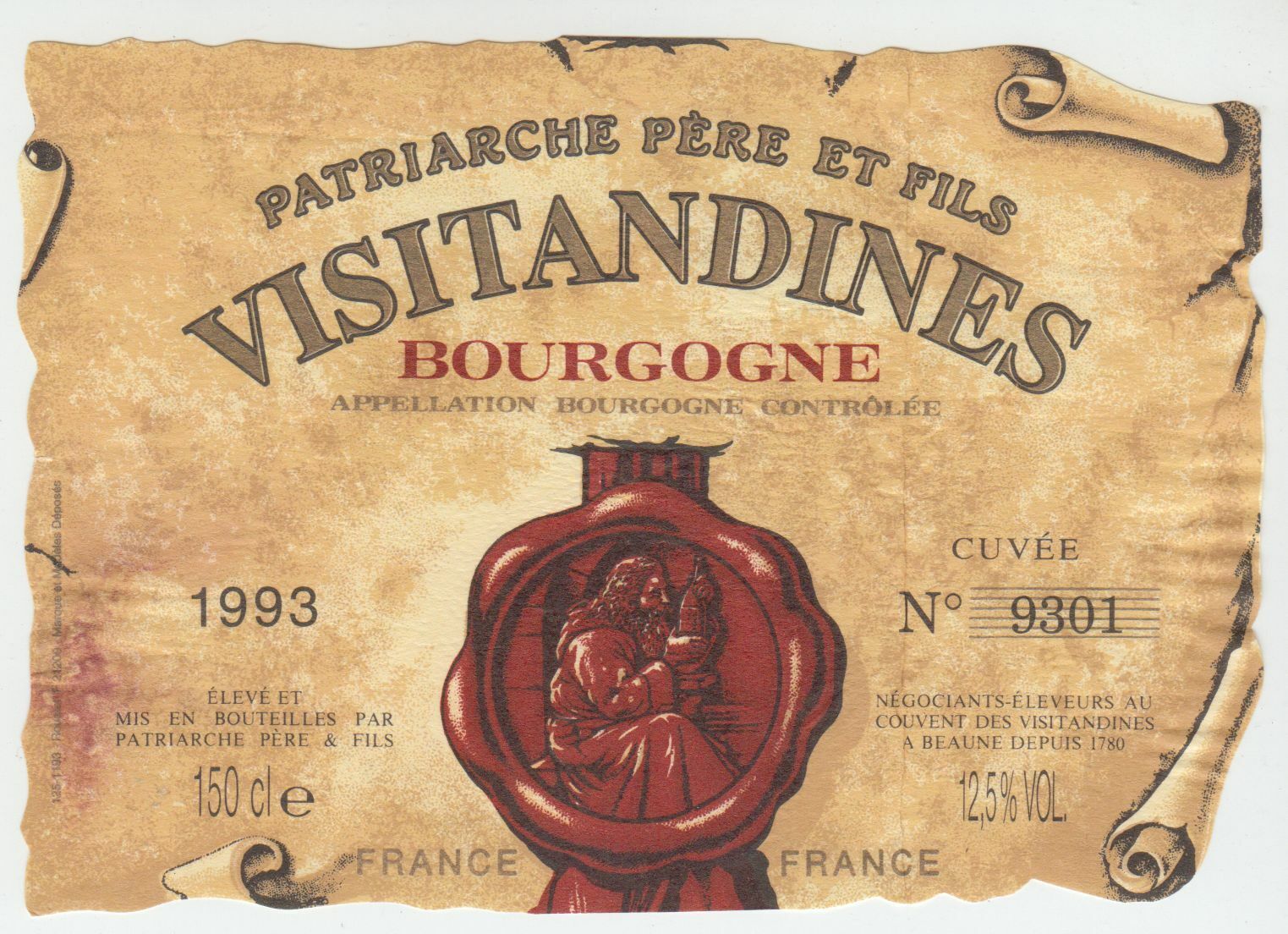 ETIQUETTE DE VIN BOURGOGNE VISITANDINES PATRIRCHE PERE ET FILS 1993 124555697037