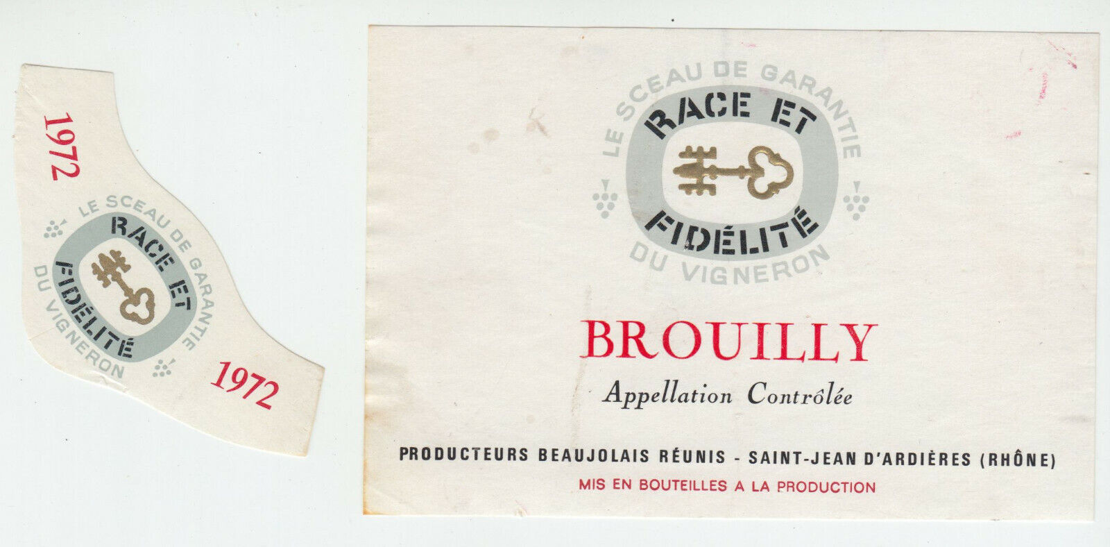 ETIQUETTE DE VIN BROUILLY 1972 RACE ET FIDELITE 402673357247