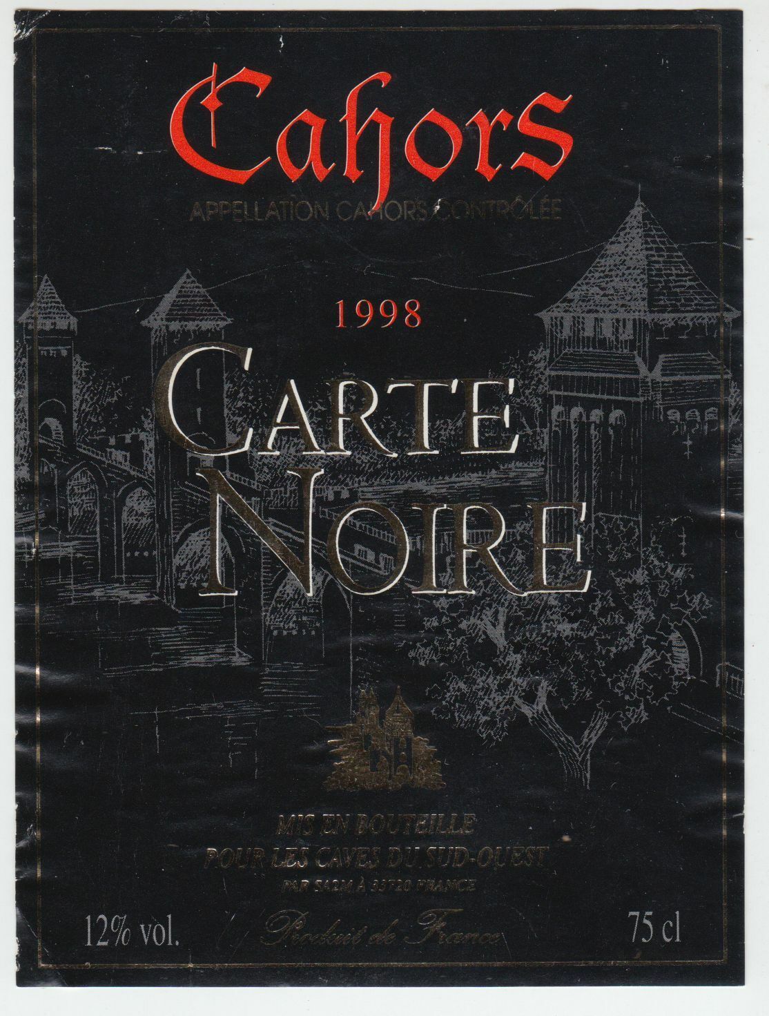 ETIQUETTE DE VIN CAHORS CARTE NOIR 1998 124552112057