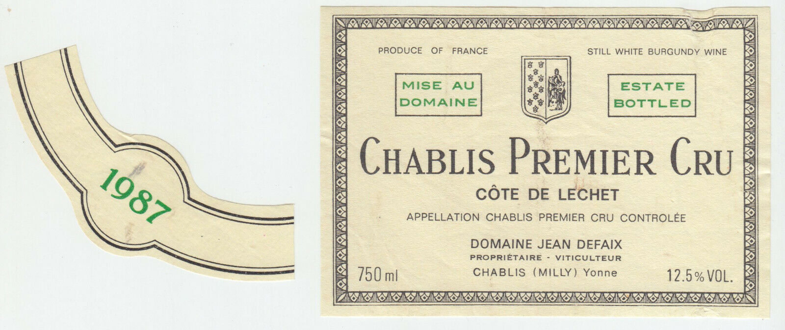 ETIQUETTE DE VIN CHABLIS PREMIER CRU 1987 COTE DE LECHET 124463377107