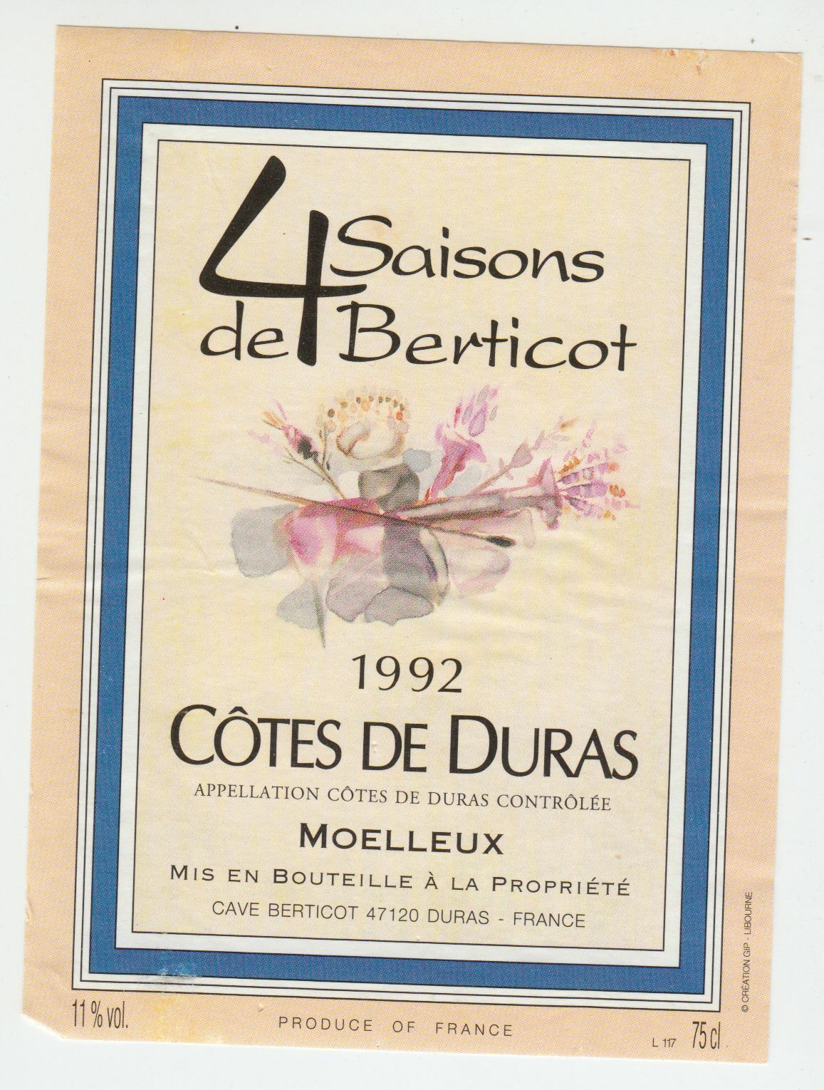 ETIQUETTE DE VIN COTE DE DURAS 1992 4 SAISONS DE BERTICOT 402669072087