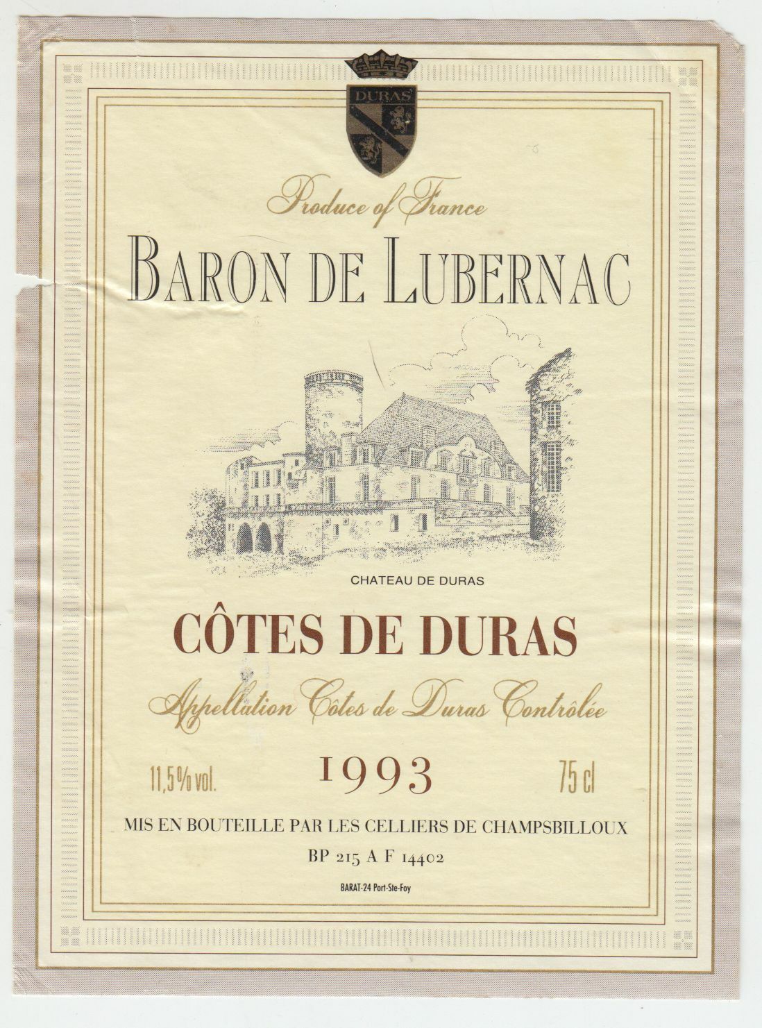 ETIQUETTE DE VIN COTE DE DURAS 1993 BARON DE LUBERNAC 124552112047