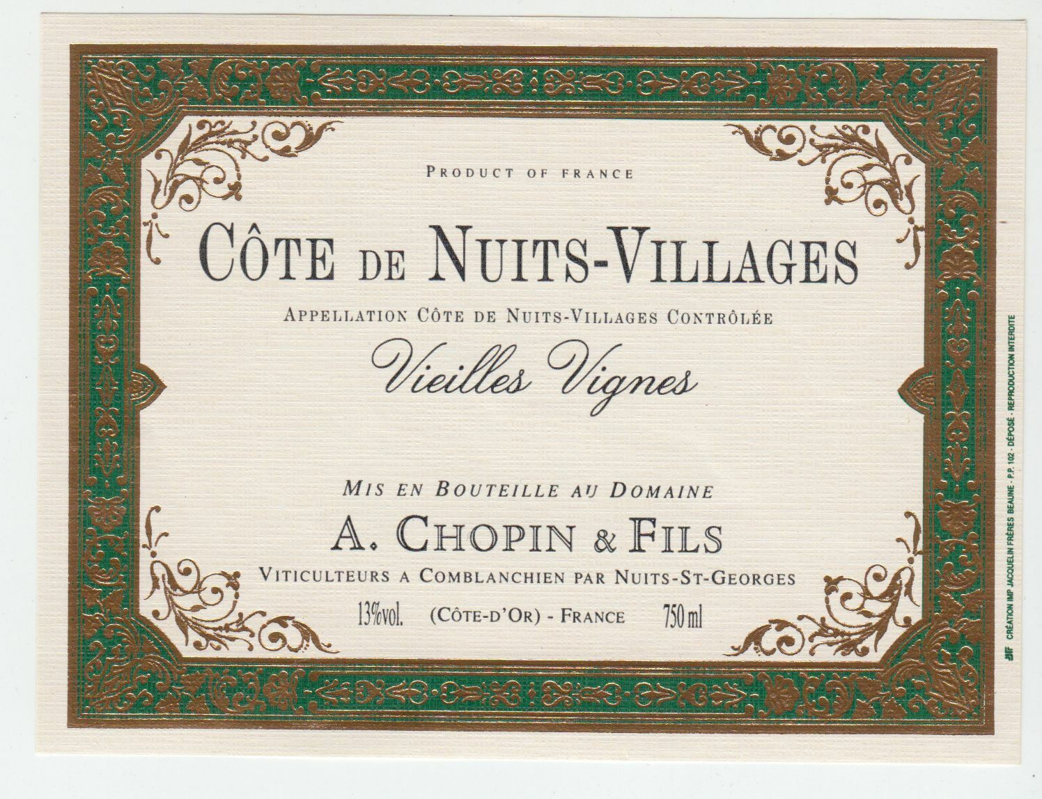 ETIQUETTE DE VIN COTE DE NUITS VILLAGES VIEILLES VIGNES 124552112017