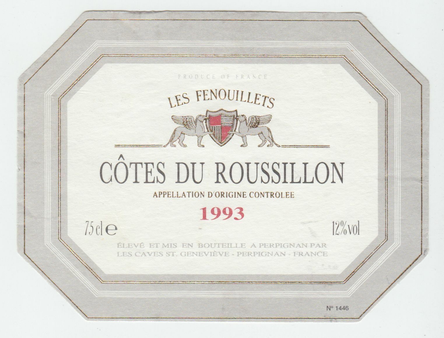 ETIQUETTE DE VIN COTEAUX DU ROUSSILLON 1993 LES FENOUILLETS 124511871027