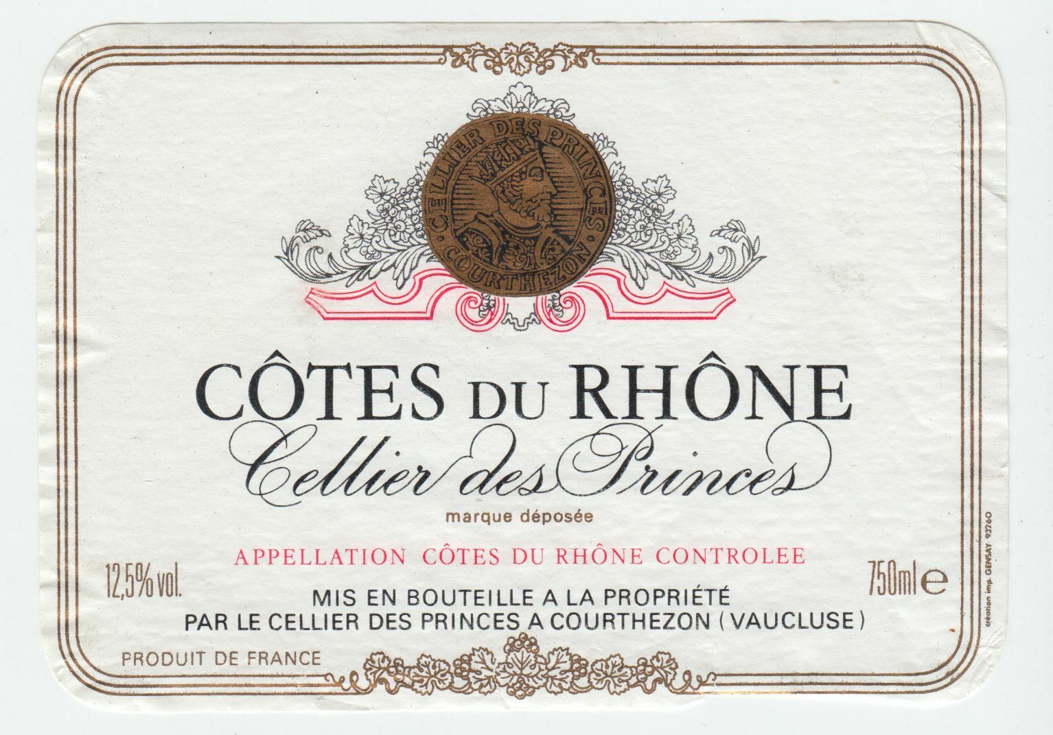 ETIQUETTE DE VIN COTES DU RHONE CELLIER DES PRINCES COURTHEZON 402581822467