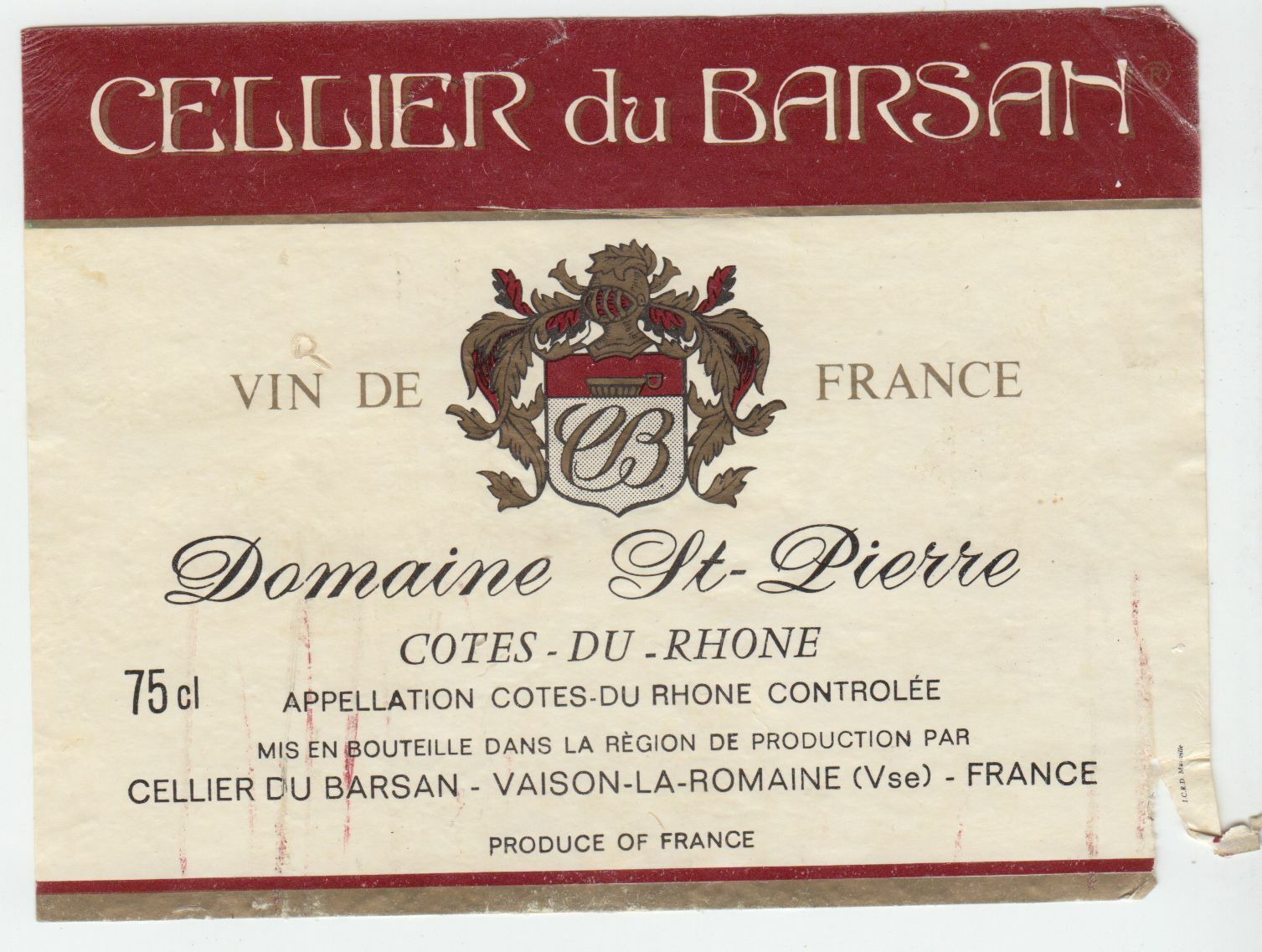 ETIQUETTE DE VIN COTES DU RHONE CELLIER DU BARSAN DOMAINE ST PIERRE VAISON LA RO 402581822477