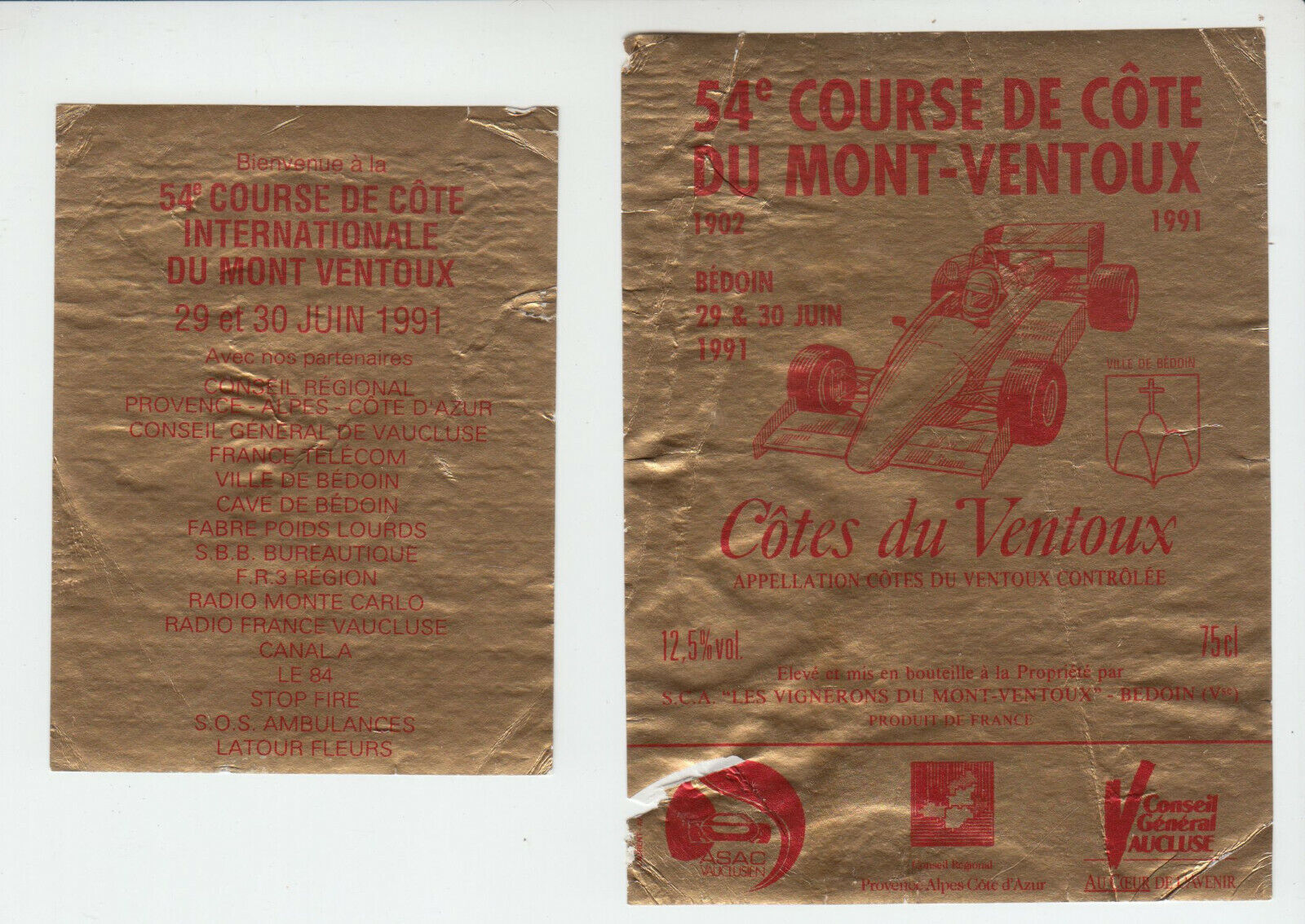 ETIQUETTE DE VIN COTES DU VENTOUX 1991 54 COURSE DE COTE DU MONT VENTOUX 124461948557