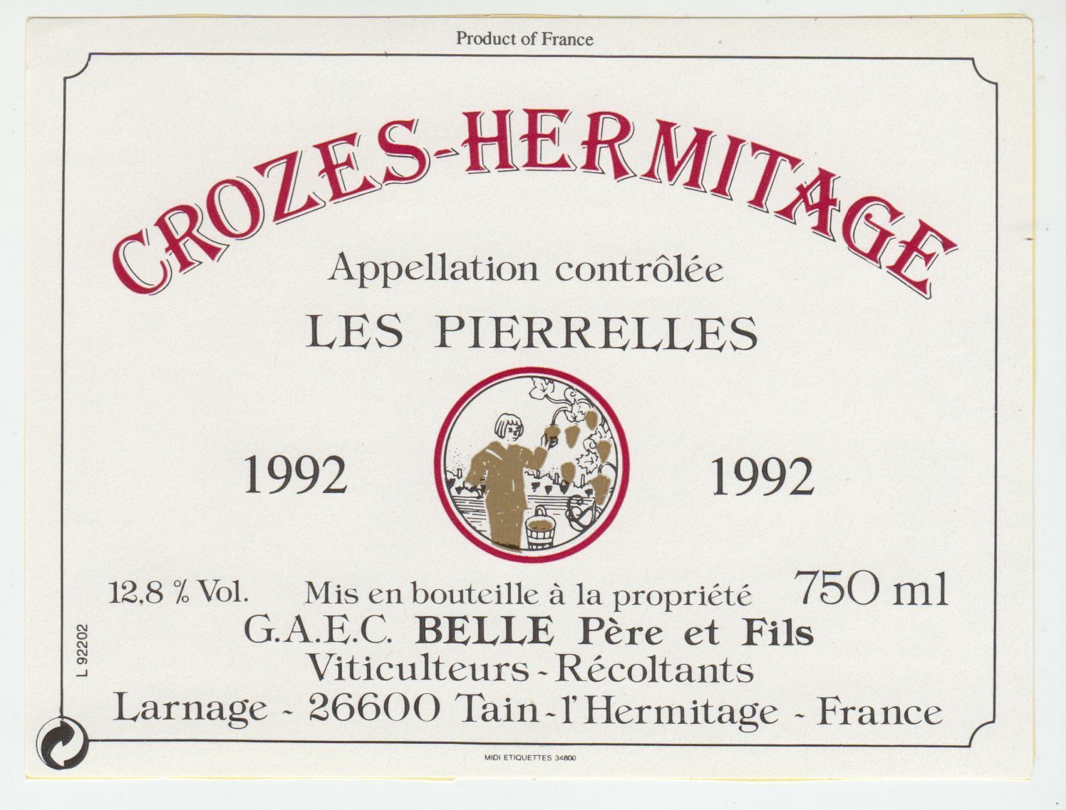 ETIQUETTE DE VIN CROZES HERMITAGE 1992 LES PIERRELLES 402581826117