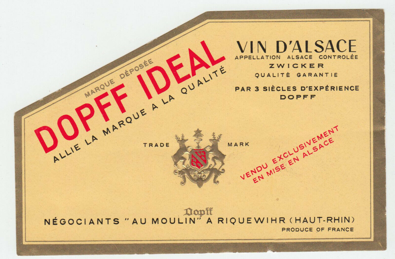 ETIQUETTE DE VIN D ALSACE DOPFF IDEAL ZWICKER 124511870207