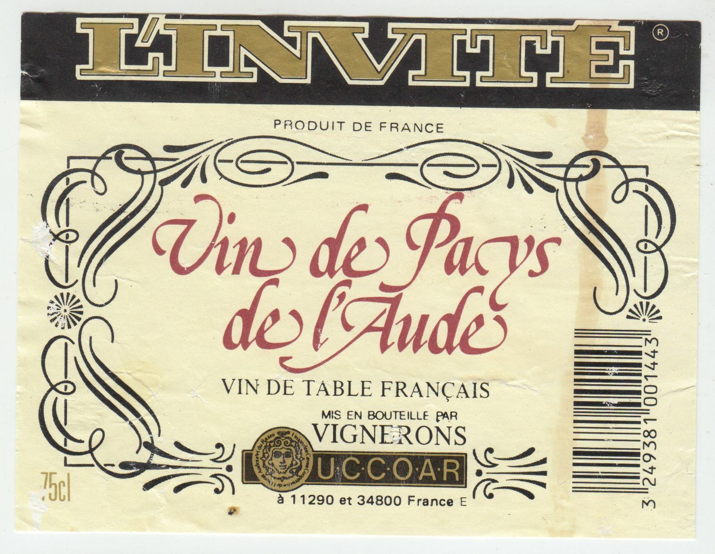 ETIQUETTE DE VIN DE PAYS DE L AUDE L INVITE 124572490077