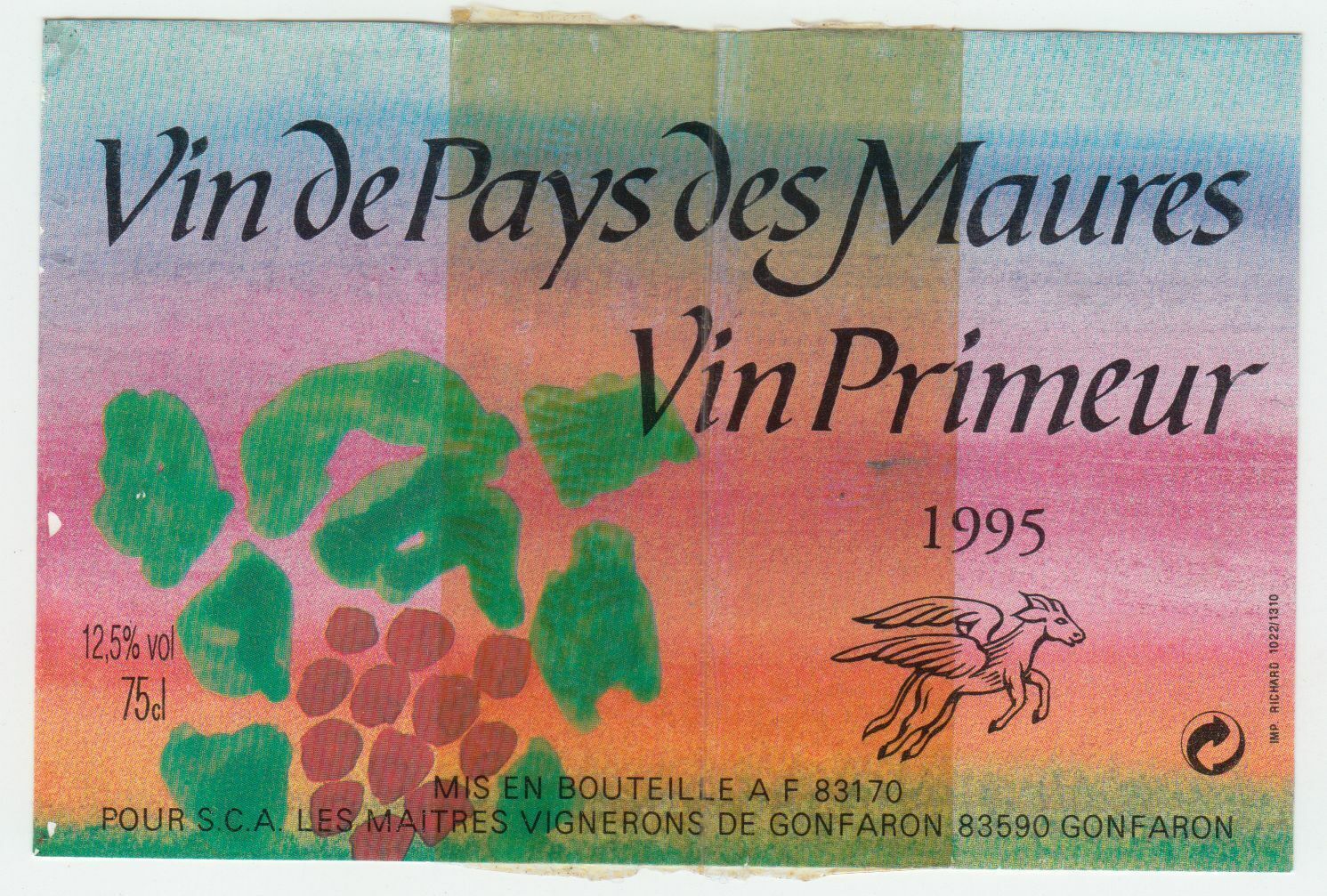 ETIQUETTE DE VIN DE PAYS DES MAURES VIN PRIMEUR GONFARON L ANE VOLANT 1995 124569409457