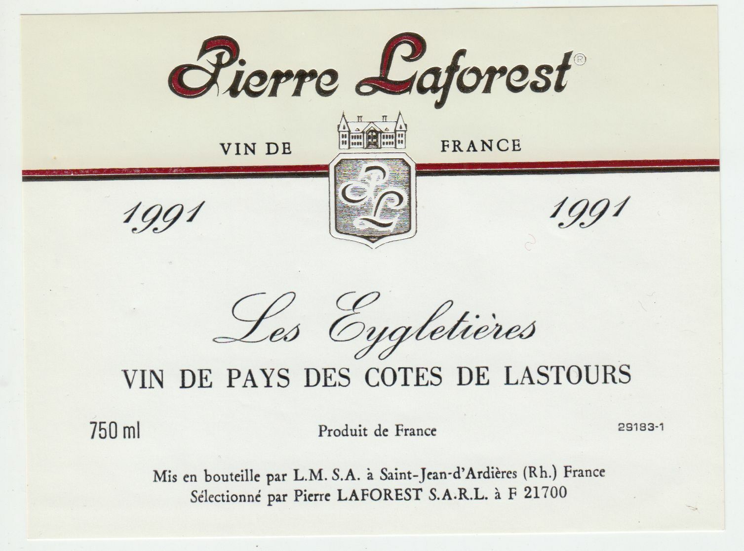 ETIQUETTE DE VIN DES COTES DE LASTOURS 1991 LES EYGLETIERES 124572490087