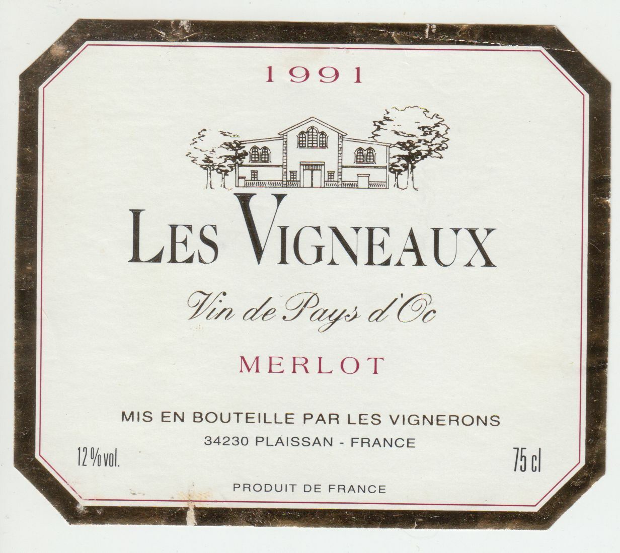 ETIQUETTE DE VIN DU PAYS D OC 1991 LES VIGNEAUX MERLOT 402690973567