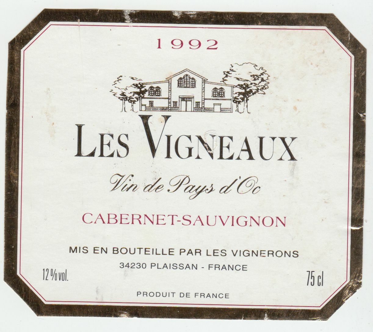 ETIQUETTE DE VIN DU PAYS D OC 1992 LES VIGNEAUX MERLOT 402690973597