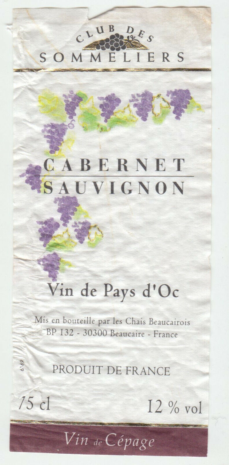 ETIQUETTE DE VIN DU PAYS D OC FORTANT CABERNET CLUB DES SOMMELIERS 124572490037