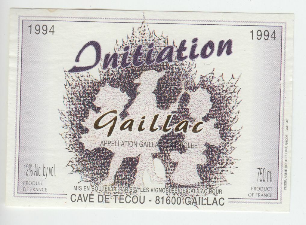 ETIQUETTE DE VIN GAILLAC 1994 INITIATION 124552112027