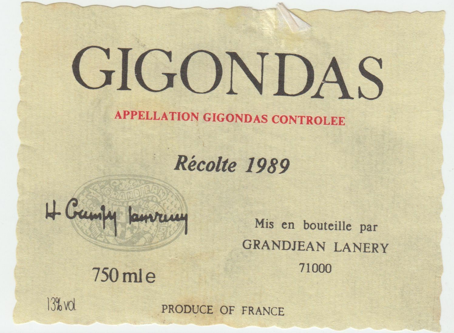 ETIQUETTE DE VIN GIGONDAS 1989 GRANDJEAN LANERY 124461947817