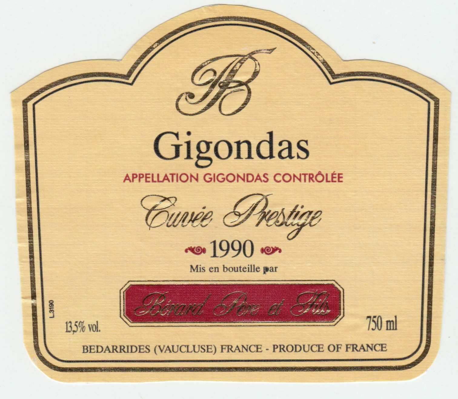 ETIQUETTE DE VIN GIGONDAS 1990 CUVEE PRESTIGE BERARD PERE ET FILS 402581825557