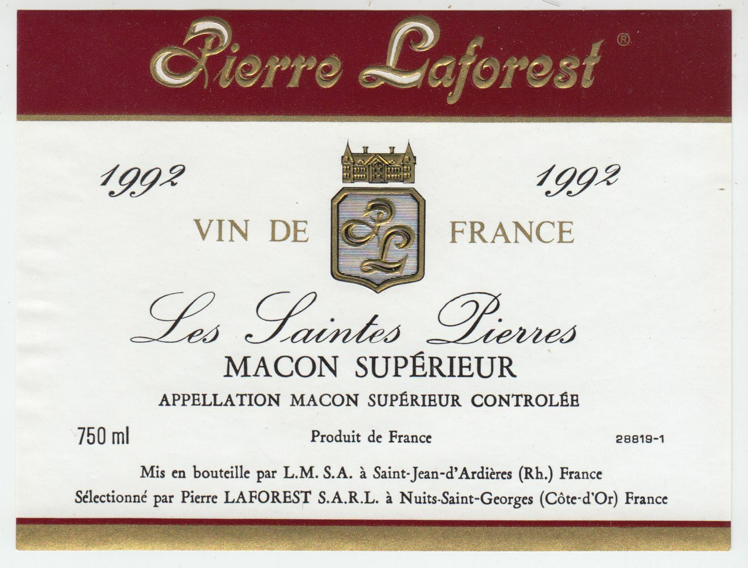 ETIQUETTE DE VIN MACON SUPERIEUR 1992 LES SAINTRES PIERRES 124463377097